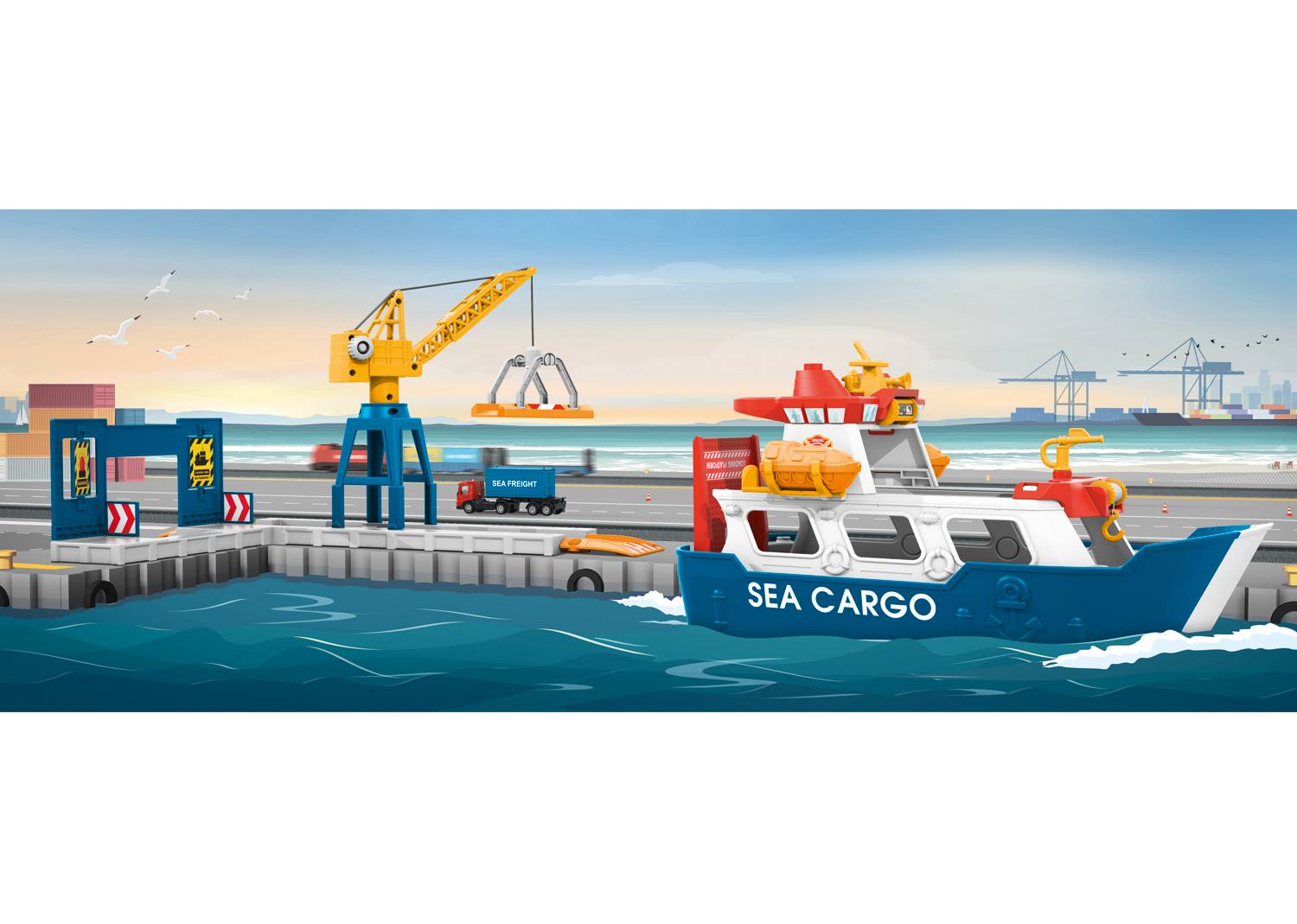 A cargo ship with the inscription 'Sea Cargo' is moored in a harbour. Cranes, containers, and a lorry can be seen in the background.