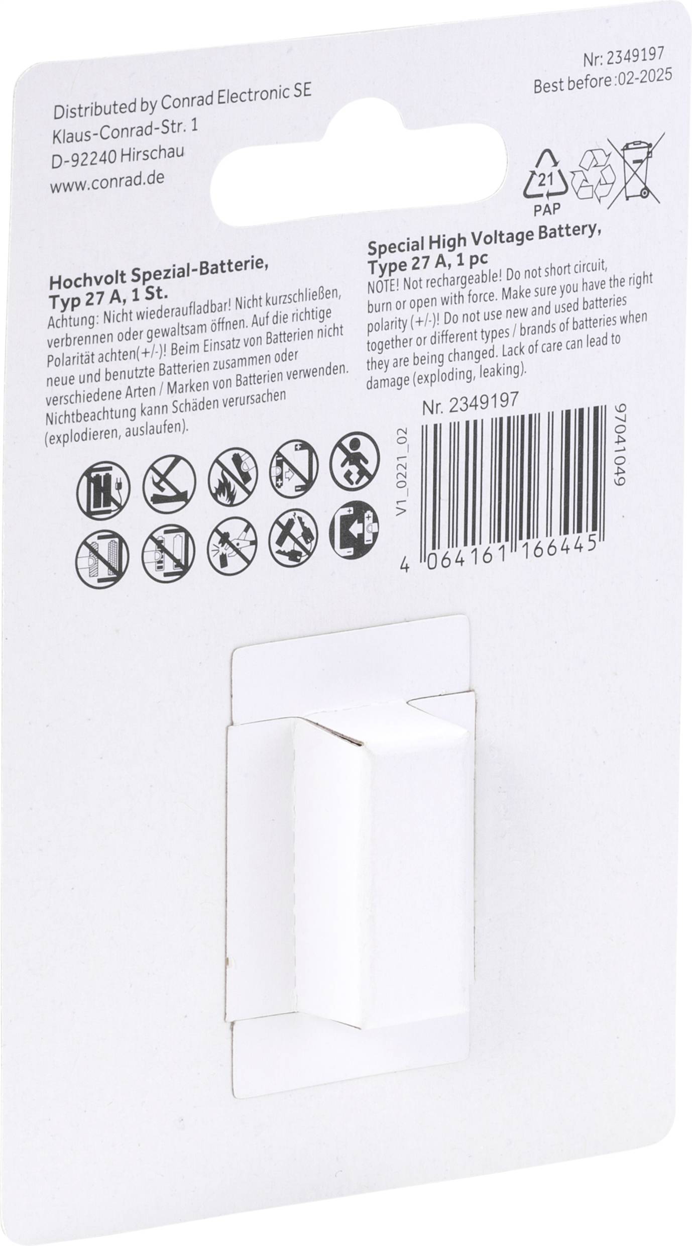 Rear Packaging of High-Voltage Special Battery, Type 27 A. Contains Manufacturer Information, Disposal Symbols, and Usage Instructions.