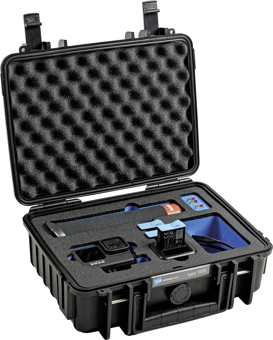 A portable, black hard-shell case with an open lid shows a camera and accessories securely fitted into foam padding inside.