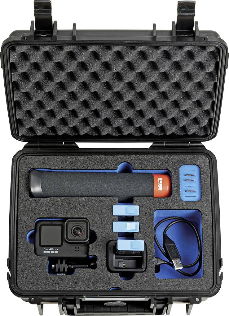An open, black hard-shell case displays an action camera with accessories, including a hand grip, batteries, and a USB cable, securely nestled in foam padding.