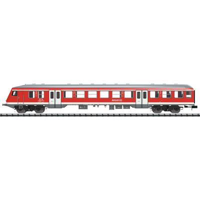 A red train carriage of Deutsche Bahn with a bicycle logo, standing on a railway track.