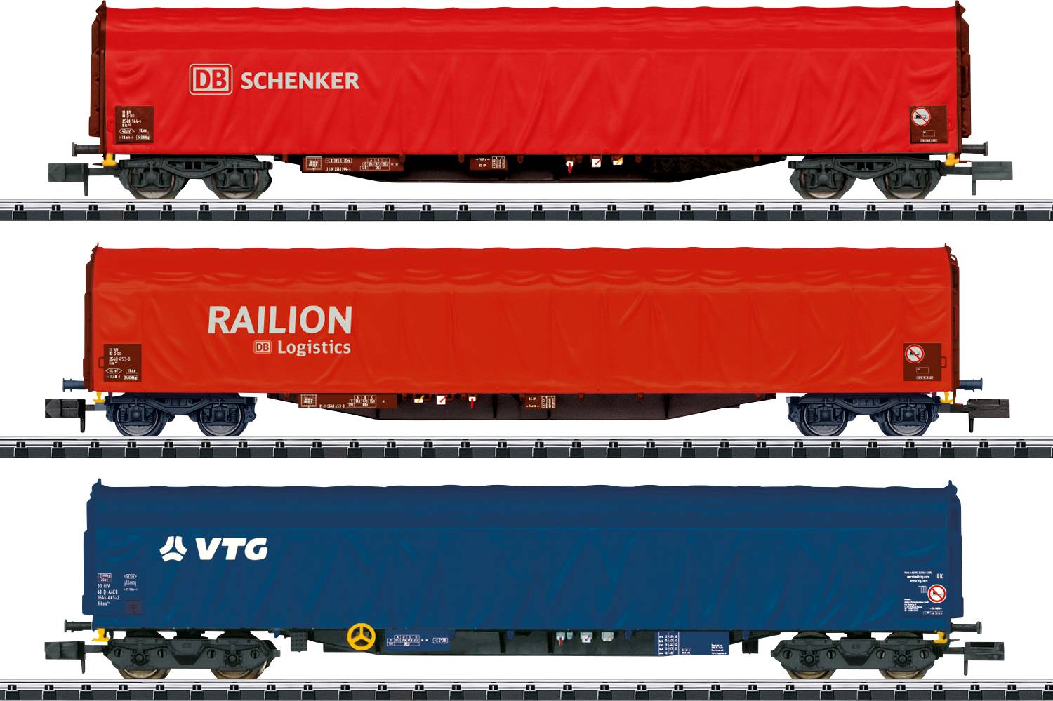 Image of MiniTrix T18801 Sliding tarpaulin wagon Rils of DB AG and the AAE/VTG, 3er set