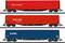 'Three goods wagons on tracks: top red with 'DB Schenker', middle red with 'Railion Logistics', bottom blue with 'VTG'.'