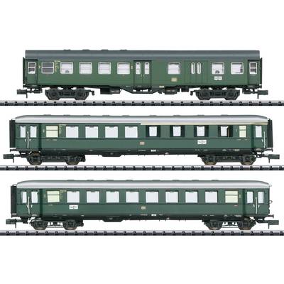 Three green railway passenger carriages arranged side by side in a vertical view, with detailed labels and windows.