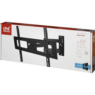 Cardboard box with TV wall mount. Label reads: 'Universal Wall Mount Smart Line'. Suitable for 32-84 inch televisions.