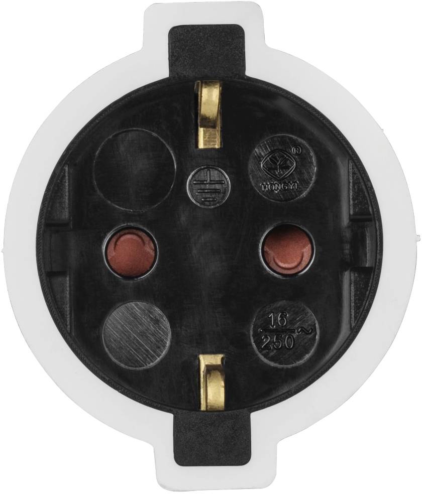 Power socket in close-up, black and white, with three round openings and two metal contacts. A plastic clip at the top and bottom.