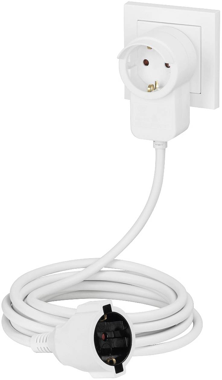 An extension lead is plugged into a wall socket.