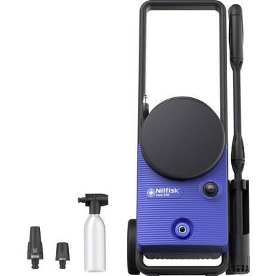 Blue high-pressure washer with black wheels and accessories: two nozzles, spray bottle, and spray lance. Brand 'Nilfisk Core 130'.