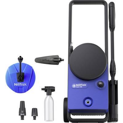 A blue Nilfisk pressure washer with a long handle and various nozzle attachments, including a blue round brush.