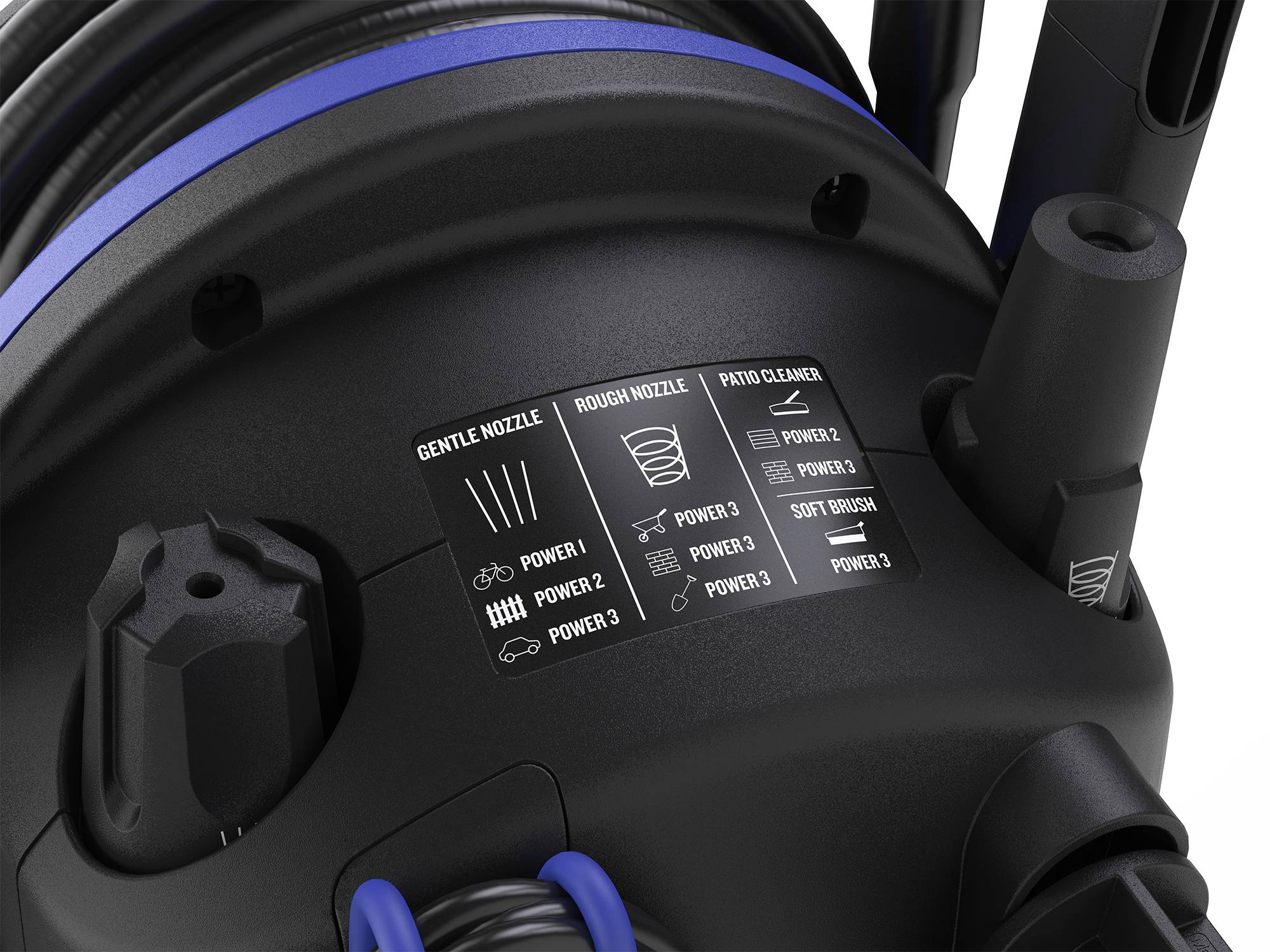Pressure Washer with various nozzle options on a label: 'Gentle Nozzle', 'Rough Nozzle', 'Patio Cleaner' and performance levels.