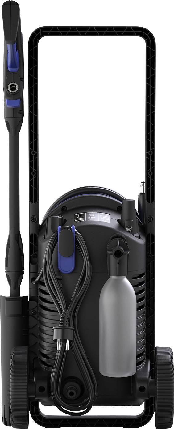 Pressure washer with integrated holder for the lance, bottle holder, and cable winding. Black with blue accents.