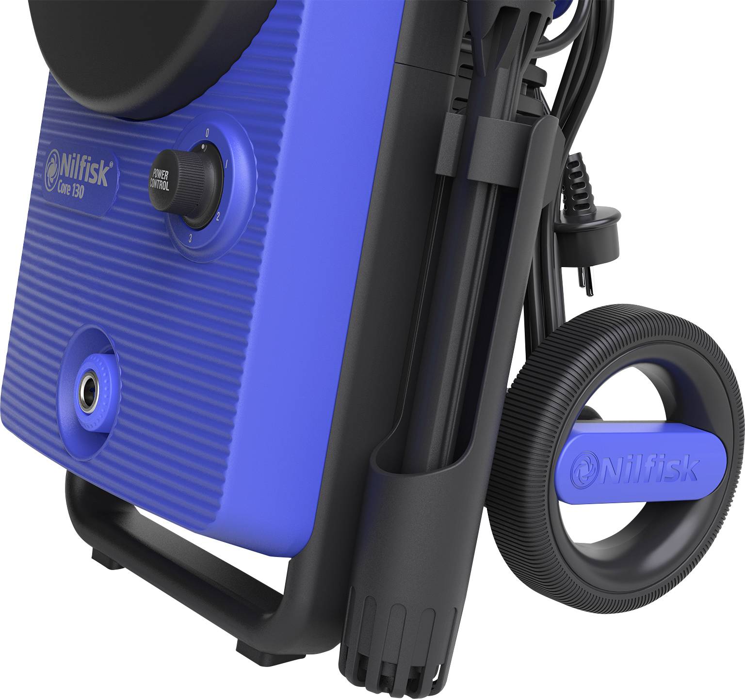 A blue high-pressure washer with black wheels, handle and nozzle holders. Device by Nilfisk, model Core 150.