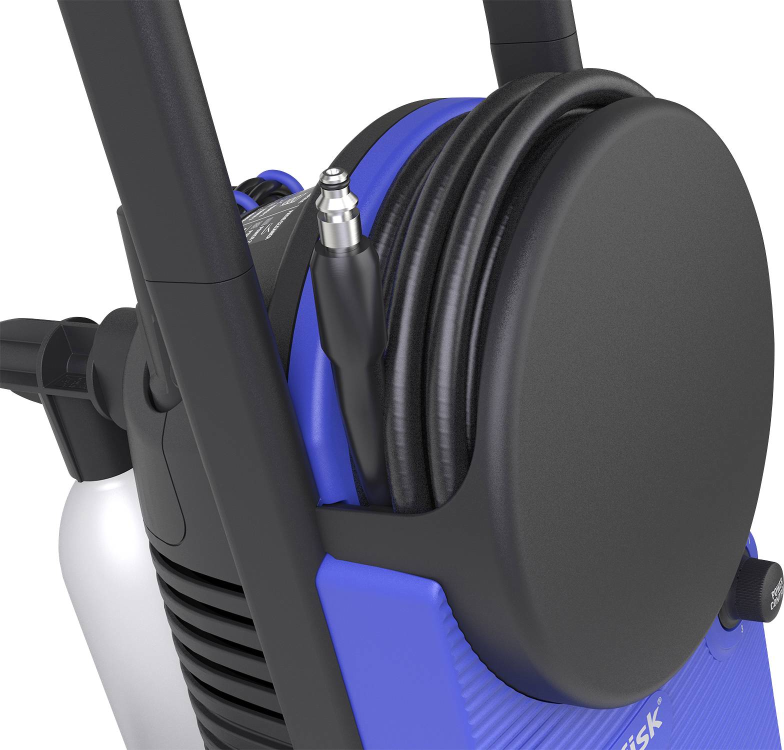 A close-up of a pressure washer with a coiled hose and black handle, showing construction details.