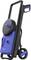 A compact, mobile pressure washer in blue and black colouration. It has wheels and a long handle for easy handling.