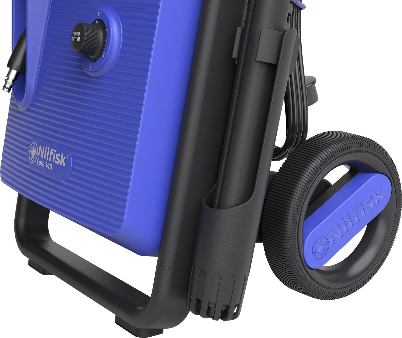 A blue high-pressure washer with large wheels and a cable holder. The device reads 'Nilfisk Core 140'.