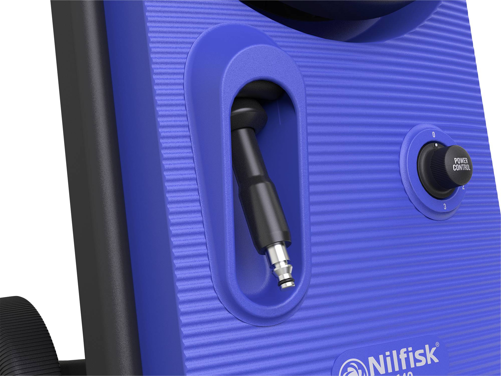 Close-up of a blue Nilfisk device with a black connection piece and a power button located next to it.