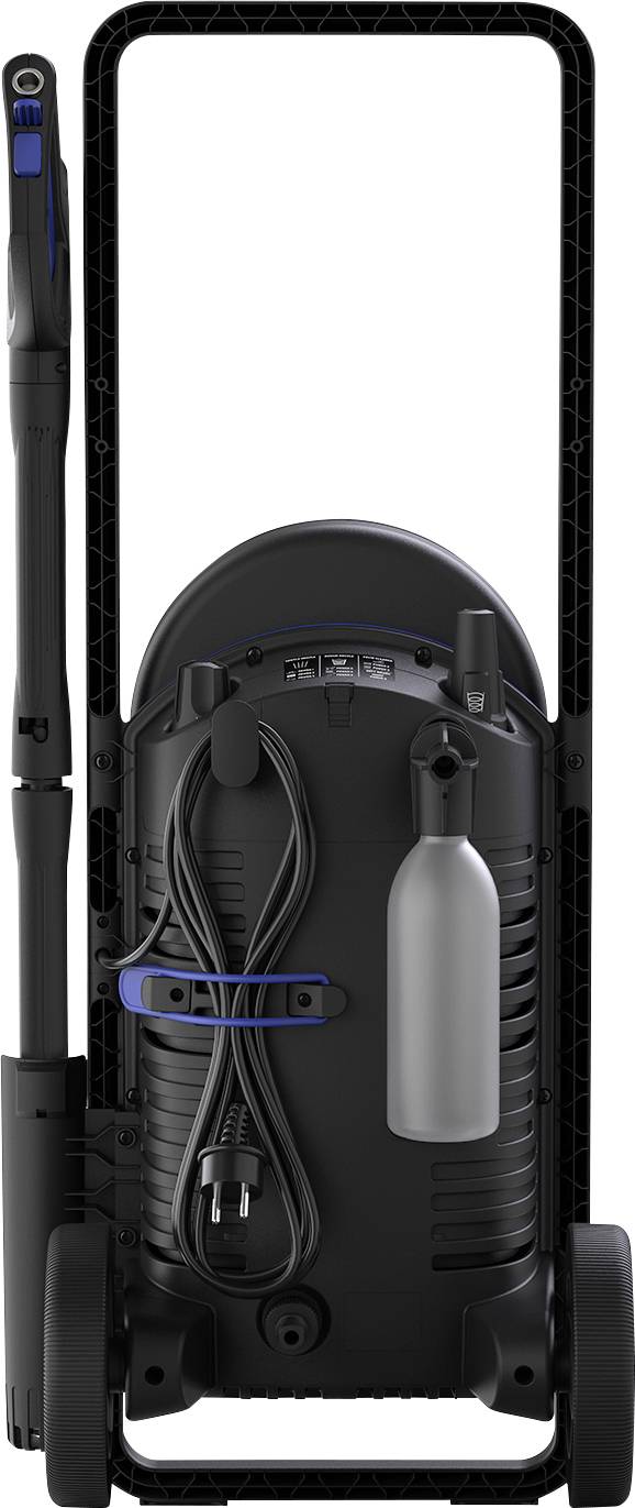 Pressure washer shown from behind, with cable and spray bottle attached at the rear, mounted on a convenient frame with wheels.