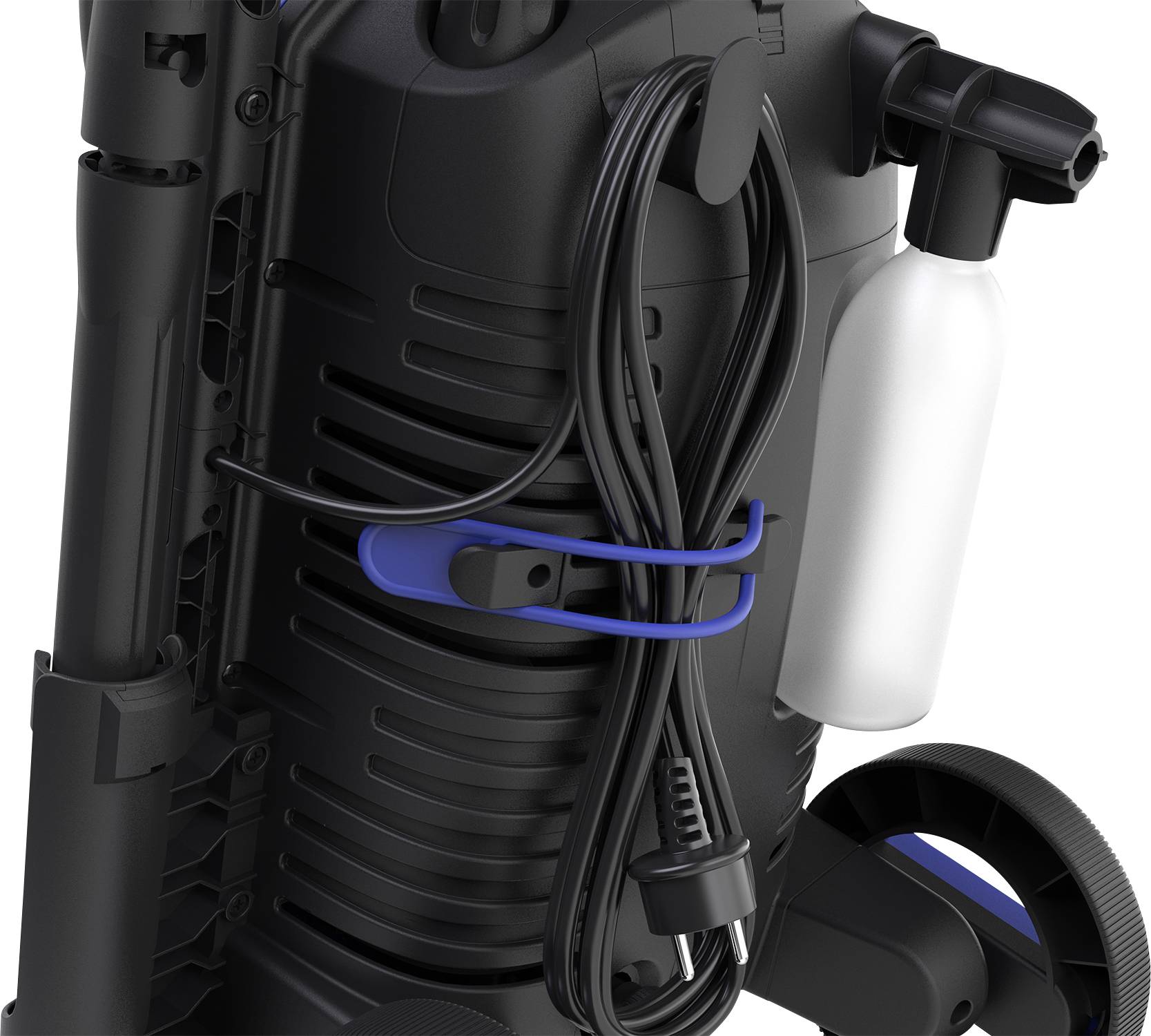 A pressure washer with cable holder and cleaning bottle is shown, suitable for outdoor cleaning tasks.