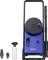 High-pressure washer from Nilfisk in blue. Includes various nozzles and a foam bottle. Suitable for outdoor cleaning.