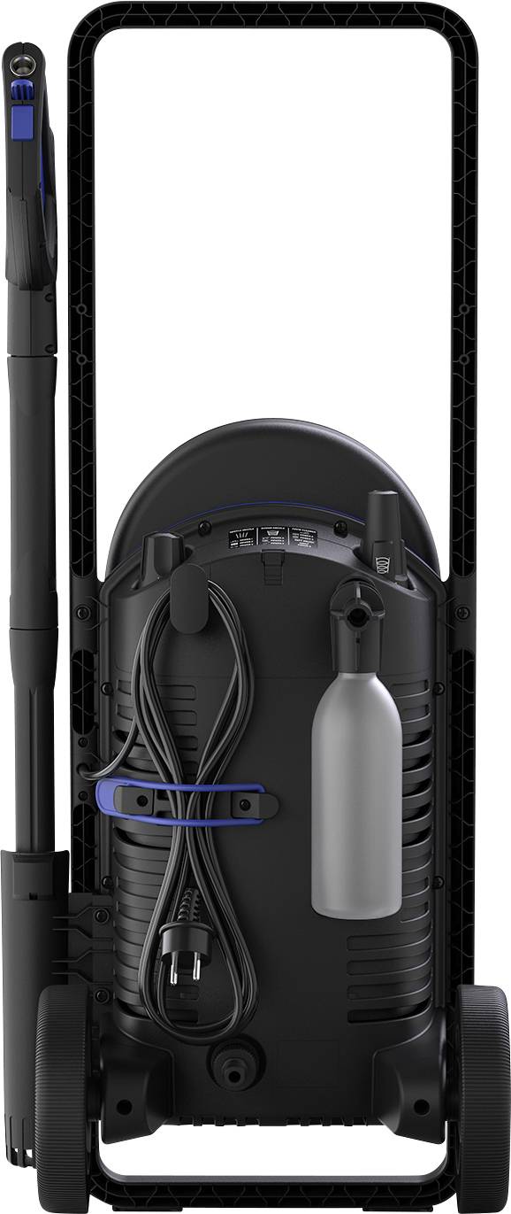 Pressure washer viewed from behind with coiled cable, nozzle holder, and bottle. Suitable for outdoor cleaning tasks.