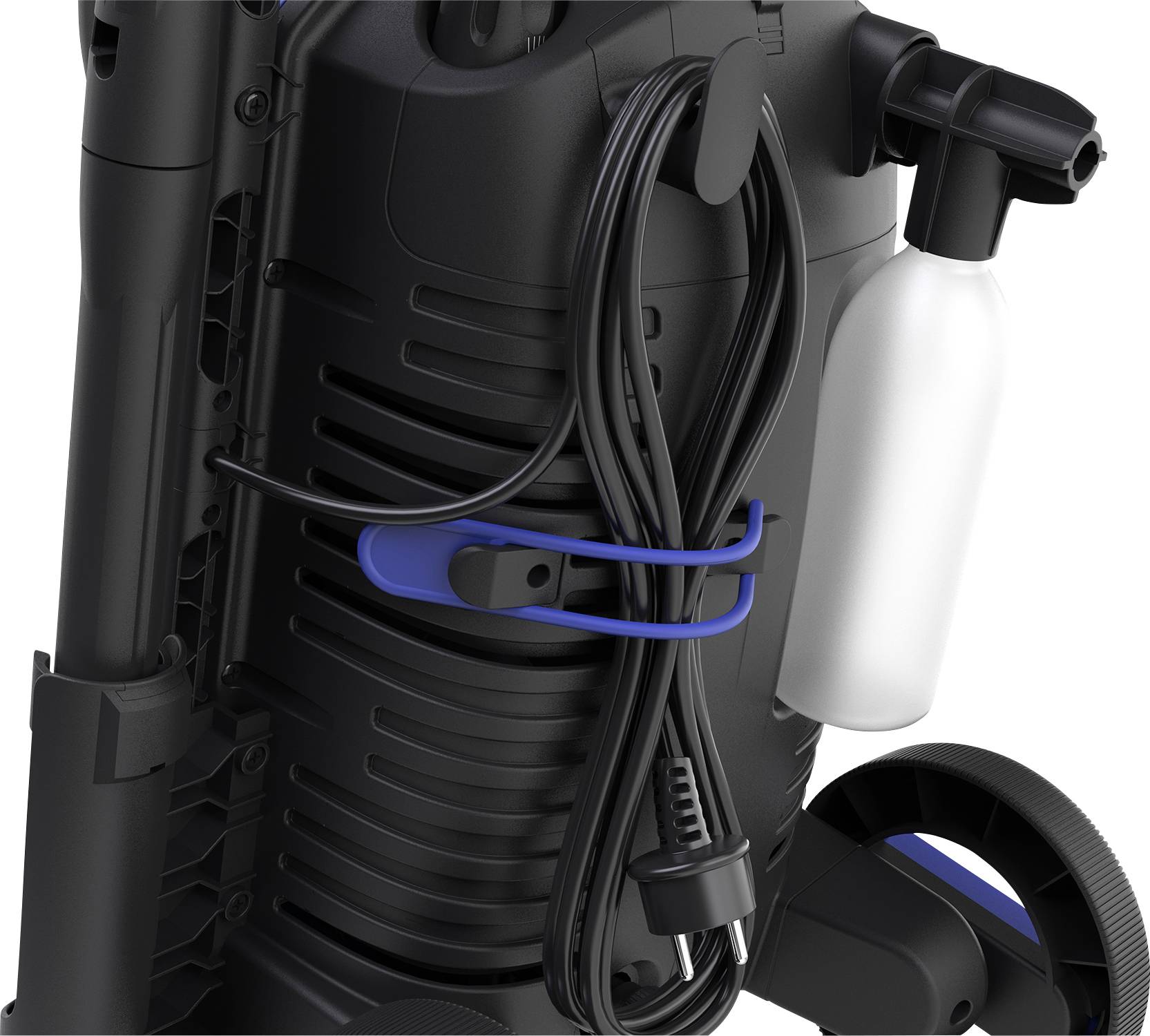 Close-up of a pressure washer with cable holder, integrated spray bottle, and large wheels for easy mobility.
