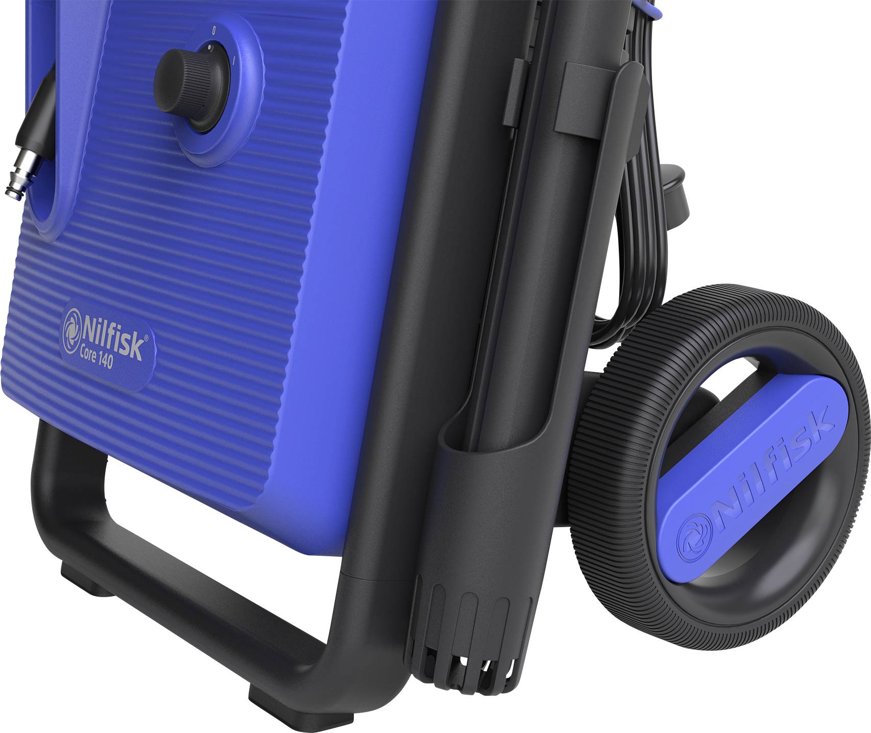 A blue high-pressure cleaner on black wheels with an accessory holder. On the left, the 'Nilfisk Core 140' logo.