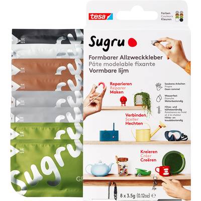 Packaging of 'Sugru' mouldable all-purpose adhesive with eight colour options. Suitable for repairing, connecting and creating.