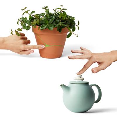 Two hands point to a potted plant container and a teapot, both with mended cracks. Symbolises the Japanese Kintsugi repair technique.