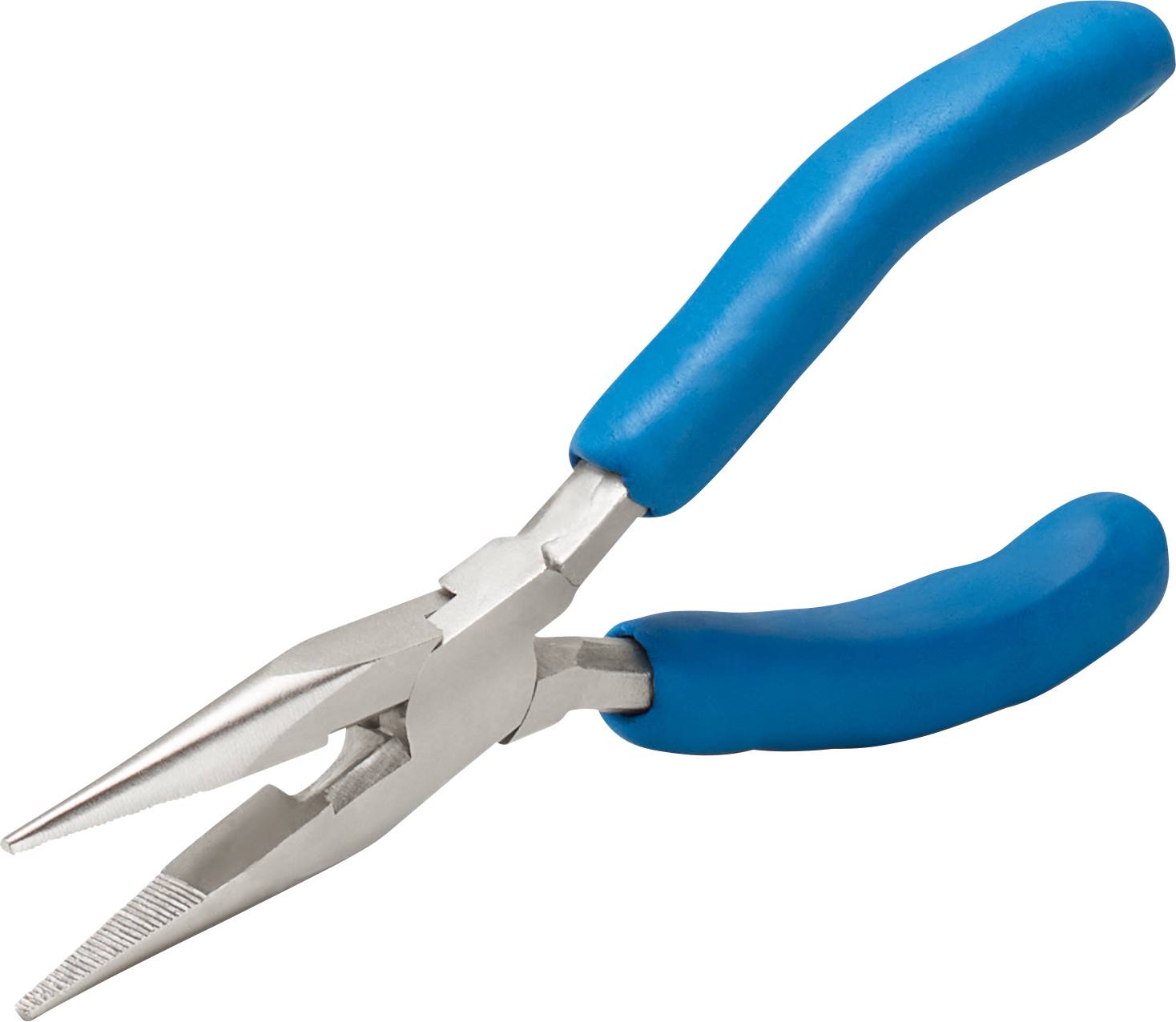 A silver flat-nosed pliers with blue handles on a white background.