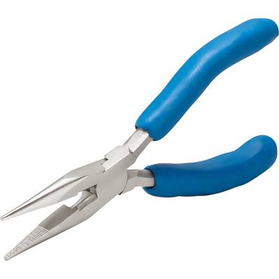 A silver flat-nosed pliers with blue handles on a white background.
