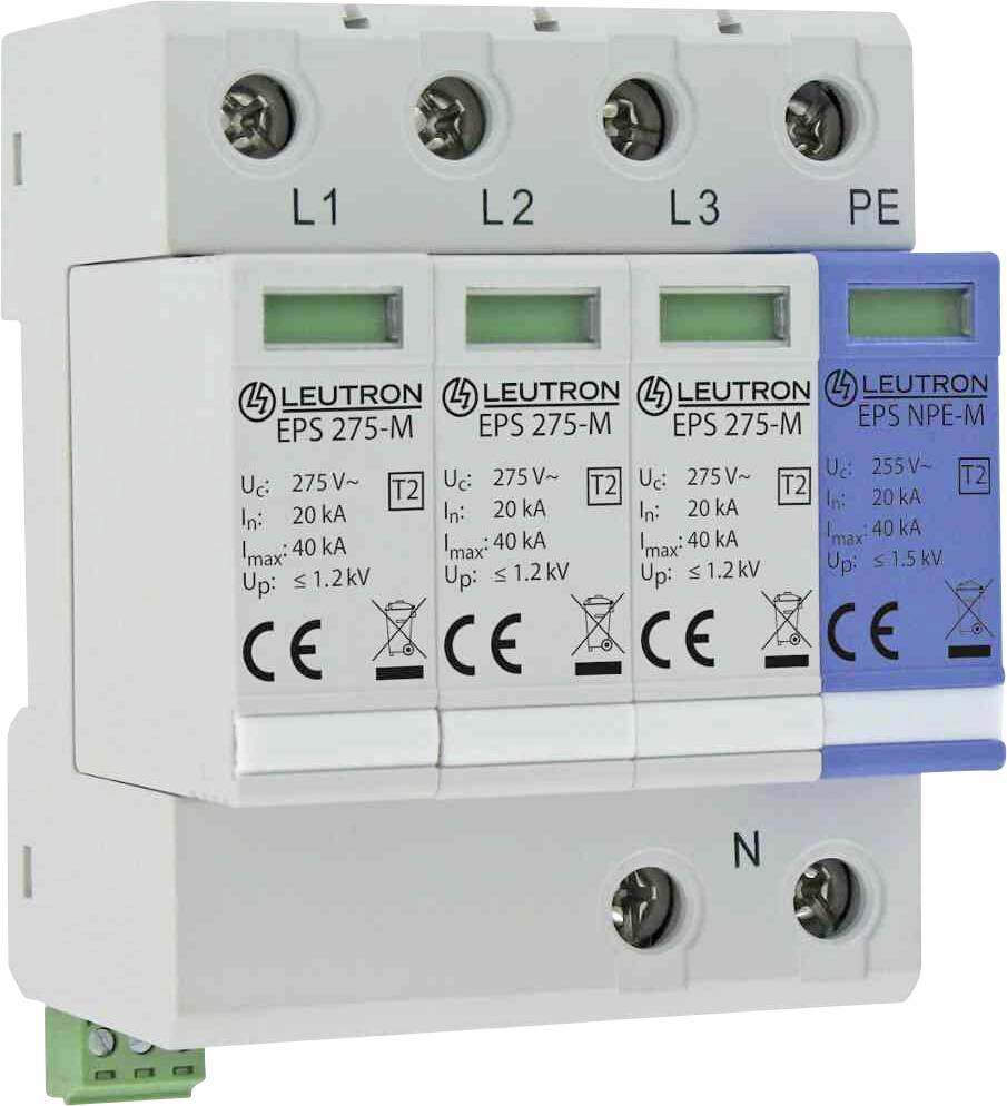 Surge protection device with four modules (L1, L2, L3, PE), marked 'LEUTRON EPS 275-M'. Protection against overvoltage.