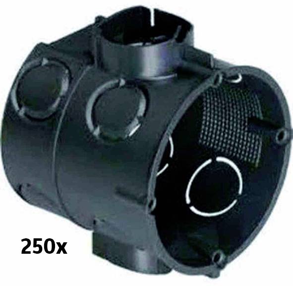A black, rounded plastic connecting piece with holes and edges for installations. Bottom left reads '250x'.