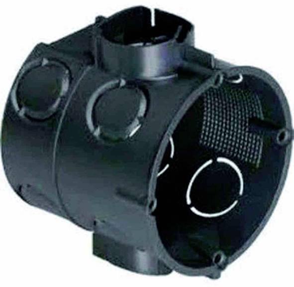 Black, cylindrical plastic enclosure with multiple cable entry points, used in electrical installation.