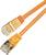 An orange network cable with two RJ45 plugs. The cable is 2 metres long, as indicated on the label.