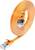 An orange, flat Ethernet cable coiled into a loop, with two silver connectors at each end.