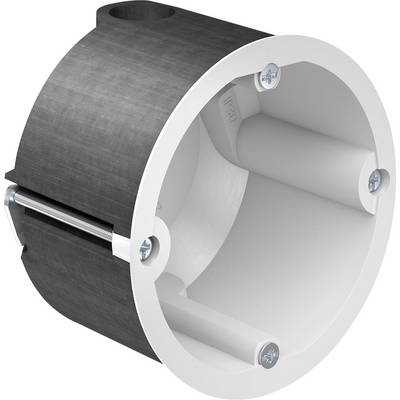 A round plastic housing with metal screwing, commonly used for mounting in building installations.