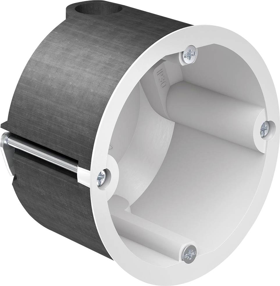 Round plastic container with screw holes and metal clips for mounting, commonly used in electrical installation.