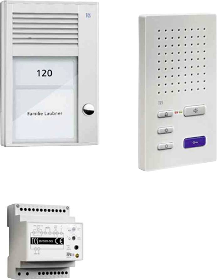 'External intercom system with the inscription "120 Lauber Family", an internal module with buttons, and an electrical control unit.'