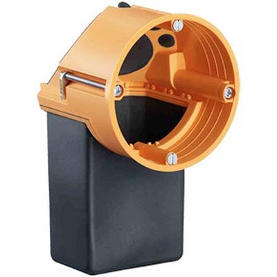 'Orange and black recessed electrical back box for electrical cables. Includes screws for wall mounting. Suitable for electrical installations.'
