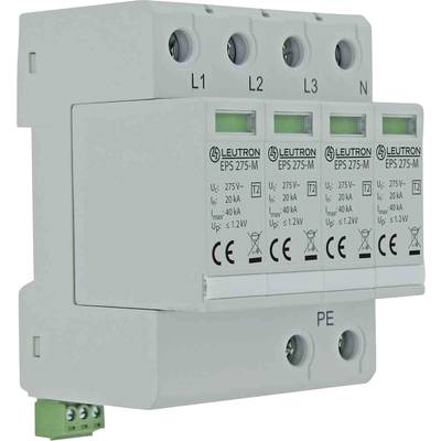 'Overvoltage protection device with four inputs for L1, L2, L3, N and protective earth connection (PE). Housing in grey colour.'