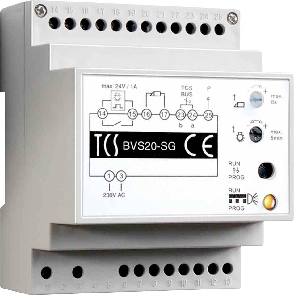 An electronic control unit with wired connections, circuit diagram, and control indicators. Printed: 'BVS20-SG' and CE certification.