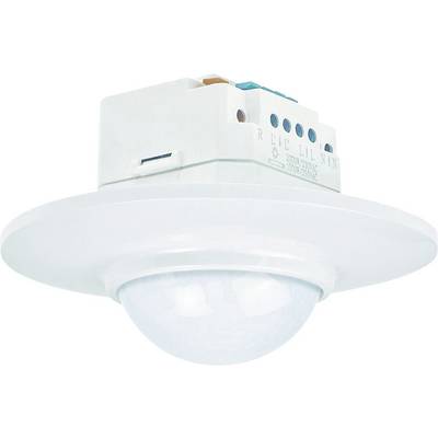 A white motion sensor with a circular cover and electrical connections at the top, suitable for ceiling mounting in indoor spaces.