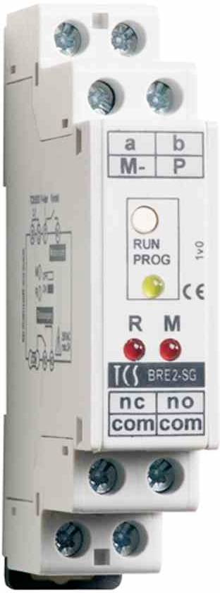 Electronic din rail module with LEDs and connections. Labelled with: a, b, M-P, Run, Prog, R, M, nc, no, com, CE mark.