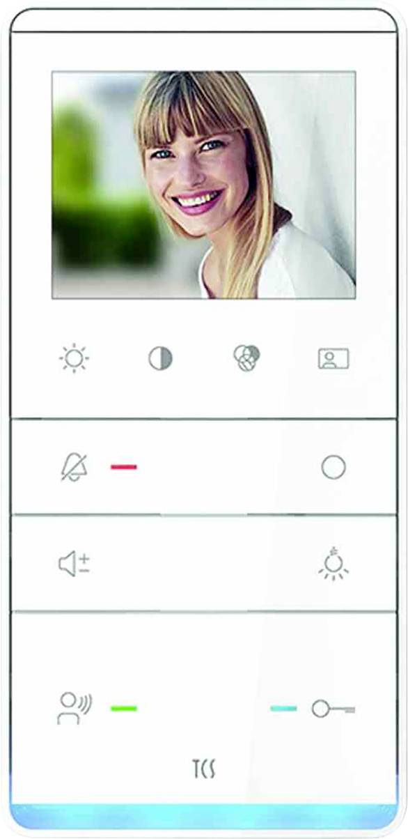 Intercom system with display showing a smiling woman. Below are icons: brightness, microphone on/off, volume, door release.