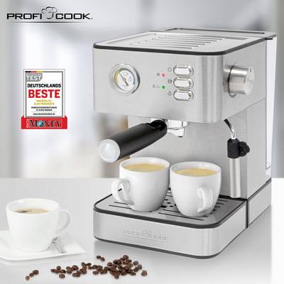 A silver espresso machine with two cups beneath the spouts and a steam wand. Shown with an award certificate.