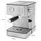 Stainless steel espresso machine with steam wand, three buttons and pressure gauge. Dimensions: 300 mm high, 280 mm deep, 200 mm wide.