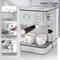 Espresso machine with two white cups. Functions: Cup warmer, high-quality portafilter, pivoting steam wand for milk foam.