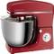 A red food mixer with 1500 watts of power, a silver bowl and speed control, sits on a table.
