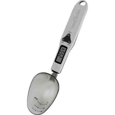 Digital measuring spoon scales with display showing '25.4g', 'On' and 'Tare' buttons, stainless steel design, scale markings in grams.