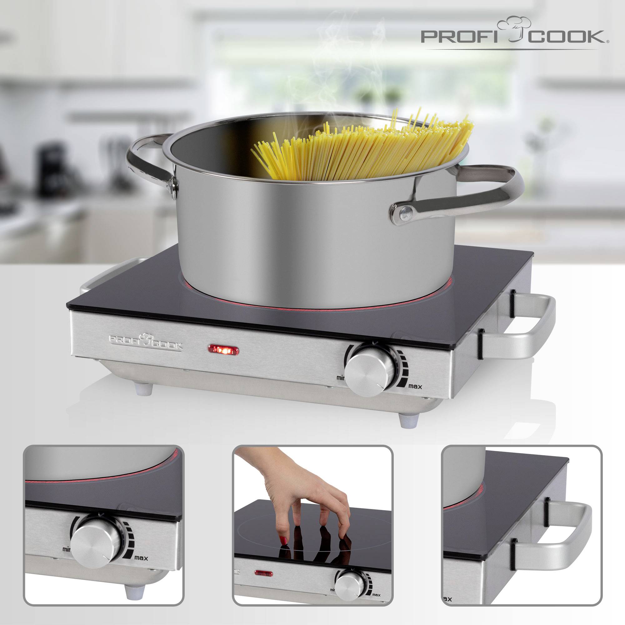 A saucepan with boiling spaghetti on an electric hob in a modern kitchen. Three detailed views of the hob below.